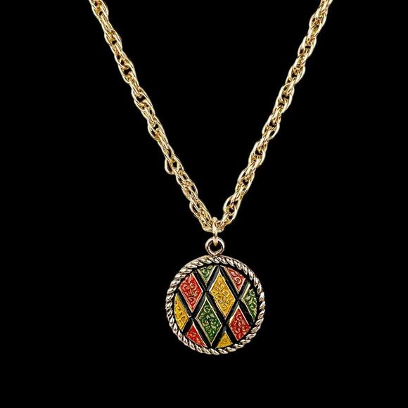 Sarah Coventry Mosaic Necklace Round Pendant and Clip Earrings Set Colorful Vtg - Picture 3 of 12